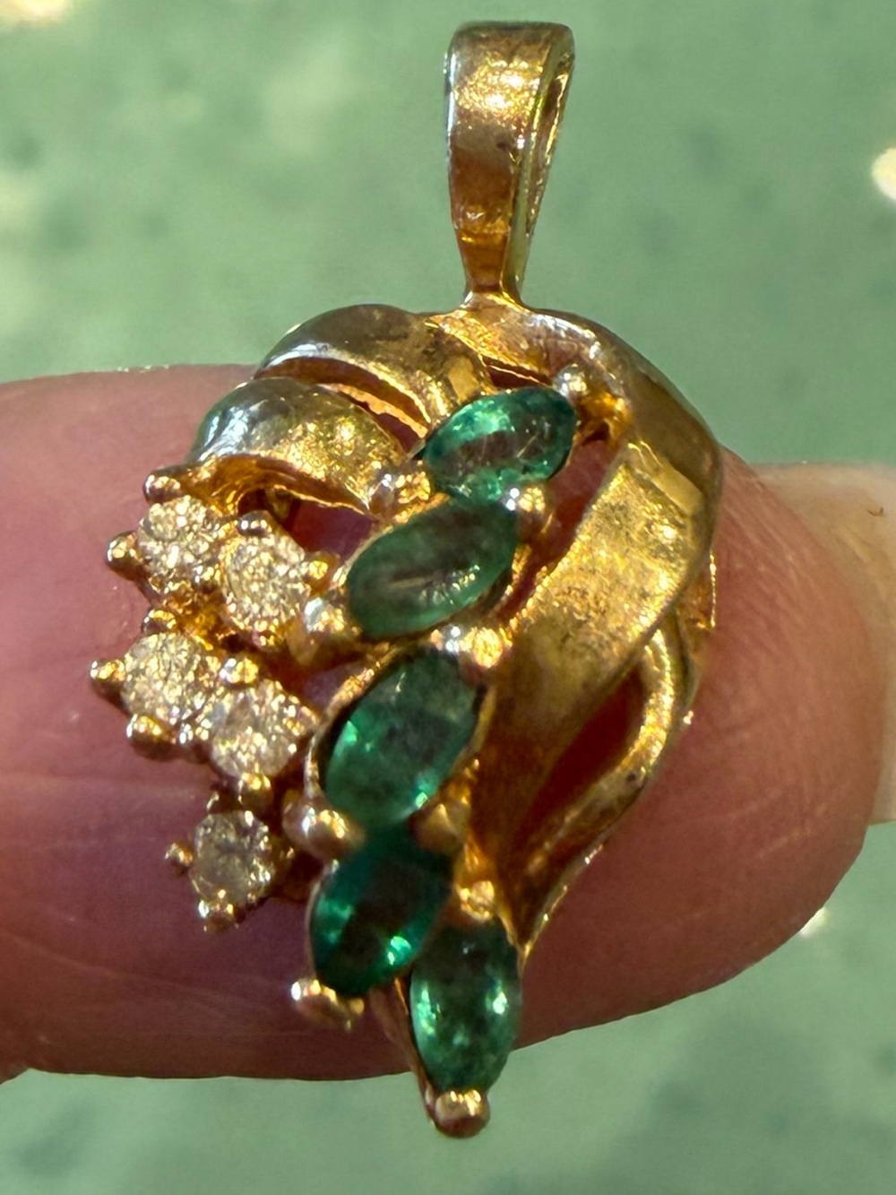 Vintage 14k Yellow Gold Leaf Charm Pendant w/Marquise Emeralds & Diamonds